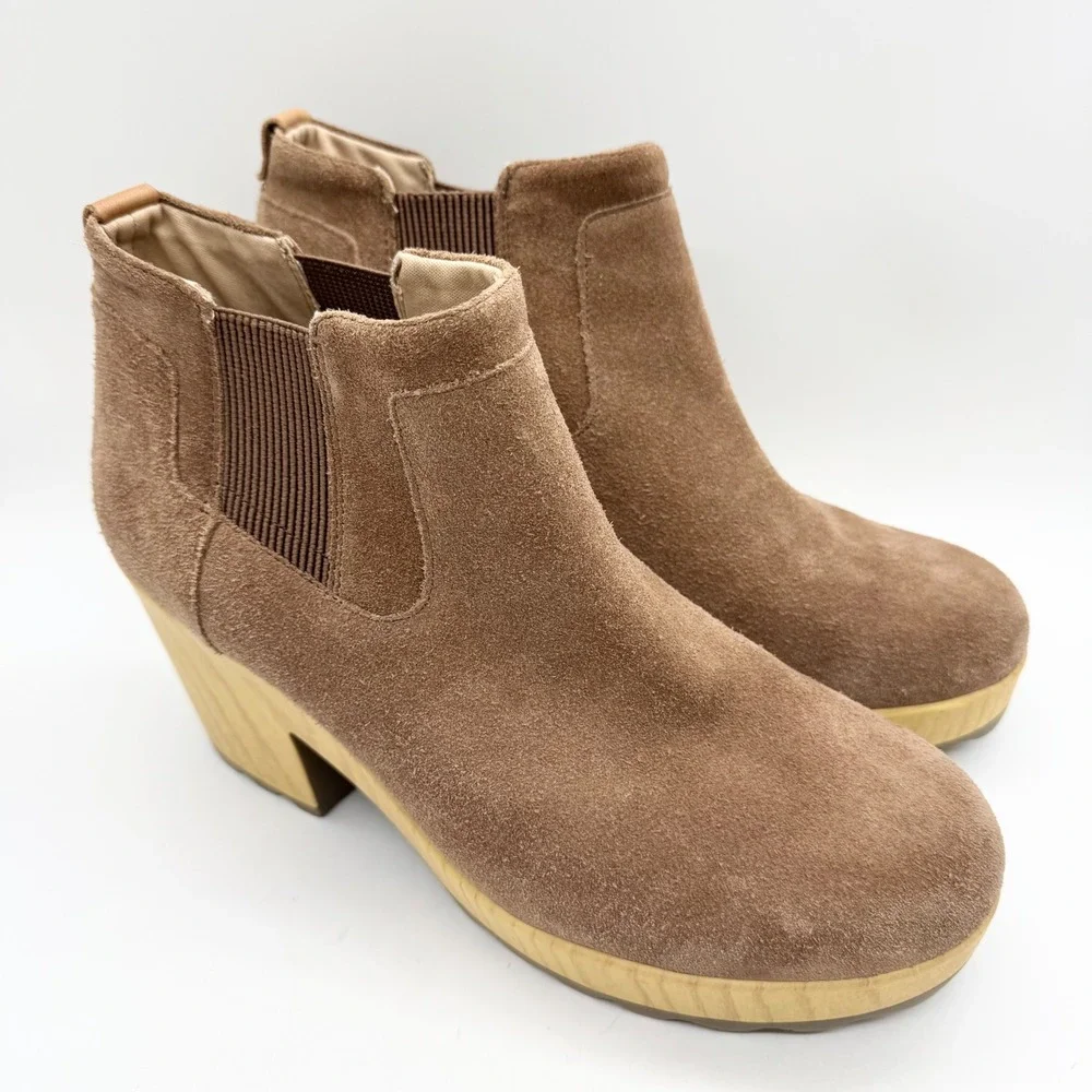 Dr. Scholl's Wild About Clog Comfort Booties Brown Suede Faux Wood Platform - 11